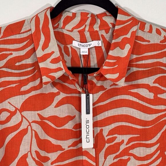 Chicos Linen Button-Up Shirt No iron Blood Orange Tan Palms Size 3 XL NWT - Picture 4 of 11